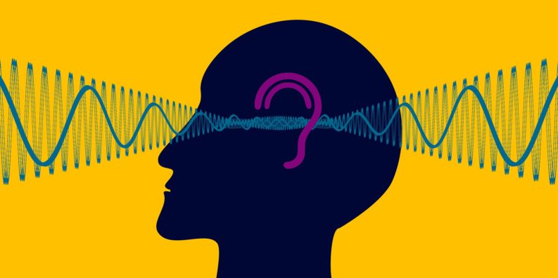 Illustration med huvud, öra och ljusvågor.