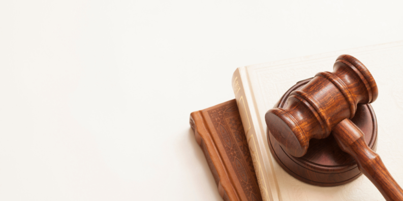 Ordförandeklubba ovanpå två böcker, illustrerar lagstiftning.