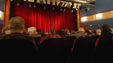 En teatersalong med fullsatt publik. Den röda ridån är nere. I förgrunden ser man åskådares bakhuvuden, bland em finns flera med grått hår.